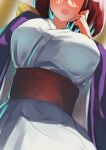  1girl blurry blurry_background blush bow breast_focus breasts head_out_of_frame highres huge_breasts japanese_clothes kimono kotohime_(touhou) large_breasts open_mouth red_hair solo teruteru12 touhou 