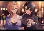  2girls black_hair black_nails blonde_hair blush breasts cleavage closed_mouth collarbone collared_shirt commentary_request commission cup drink frills glasses hand_on_another&#039;s_shoulder highres jewelry large_breasts long_sleeves looking_at_another multiple_girls nail_polish one_eye_closed original parted_lips pnatsu shirt skeb_commission smile yuri 