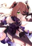  1girl bangs bare_shoulders black_gloves black_thighhighs blonde_hair bow breasts elbow_gloves eyebrows_hidden_by_hair fischl_(genshin_impact) genshin_impact gloves green_eyes hair_over_one_eye hairband highres long_hair looking_at_viewer moegi0926 open_mouth simple_background skirt solo thighhighs twintails white_background 