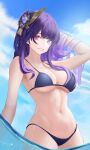  1girl absurdres arm_up bangs bare_shoulders bikini blue_bikini blue_sky breasts cleavage cloud collarbone day duplicate dutch_angle genshin_impact grin hand_in_own_hair highres large_breasts long_hair looking_at_viewer navel outdoors parted_lips partially_underwater_shot pixel-perfect_duplicate purple_eyes purple_hair raiden_shogun sidelocks sky smile solo stomach string_bikini swimsuit teeth underboob wading water yami_(rear4742) 