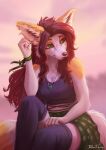  anthro blurred_background bottomwear bracelet breasts brown_hair canid canine claws clothing crop_top daniel_tibana female fox freckles fur gem green_eyes hair hi_res jewelry legwear long_hair looking_away mammal miniskirt necklace orange_body orange_fur outside shirt sitting skirt sky solo thigh_highs topwear whiskers white_body white_fur 