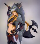  1girl avatar_(wow) axe blonde_hair blood_elf_(warcraft) braid elf glowing glowing_eyes green_eyes holding holding_weapon long_hair long_pointy_ears looking_at_viewer pelt pointy_ears sienna_artwork twin_braids warcraft warrior weapon worgen world_of_warcraft 