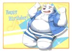  2022 anthro belly big_belly black_nose blue_eyes blush clothed clothing hi_res hoodie humanoid_hands kemono male mammal moobs open_clothing open_hoodie open_topwear overweight overweight_male polar_bear shirane_kan solo topwear ursid ursine utau white_body yanununununu 