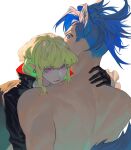  2boys animal_ears back bangs bite_mark black_gloves black_jacket blue_eyes blue_hair chinese_commentary collared_jacket commentary_request covered_mouth earrings eyes_visible_through_hair fangs galo_thymos gloves green_hair hand_on_another&#039;s_neck high_collar highres jacket jewelry kemonomimi_mode lio_fotia looking_at_viewer looking_back male_focus multiple_boys nude open_mouth pink_eyes pointy_ears promare short_hair sidelocks simple_background slit_pupils spiked_hair tail toned toned_male undercut upper_body vampire vampire_bite white_background wolf_boy wolf_ears wolf_tail yaoi yuan_di_shaobing 