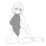  1girl armpits bangs barefoot blush breasts closed_mouth commentary_request covered_nipples full_body greyscale highres leotard looking_to_the_side medium_breasts mizuhashi_parsee monochrome ootsuki_wataru pointy_ears short_hair simple_background solo touhou 