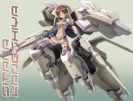  1girl alice_gear_aegis bangs breasts brown_hair character_name cleavage closed_mouth collarbone commentary_request dark-skinned_female dark_skin full_body gloves green_eyes grey_background gun holding holding_gun holding_weapon kaneshiya_sitara kimizuka_aoi looking_at_viewer mecha_musume medium_breasts megami_device midriff navel parted_bangs partial_commentary pelvic_curtain sidelocks simple_background smile solo weapon 