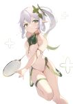  &gt;:( +_+ 1girl adapted_costume airool armlet badminton_racket bare_shoulders breasts closed_mouth genshin_impact gradient_hair green_eyes green_hair grey_hair highres holding leg_up leotard long_hair looking_at_viewer multicolored_hair nahida_(genshin_impact) pointy_ears racket side_ponytail simple_background small_breasts solo standing standing_on_one_leg thigh_strap v-shaped_eyebrows white_background white_leotard 