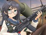  1girl assault_rifle bangs black_hair black_thighhighs blue_sailor_collar blue_skirt braid chain-link_fence closed_mouth commentary_request fence glasses ground_vehicle gun hair_tie highres holding holding_gun holding_weapon howa_type_89 long_hair long_sleeves looking_at_viewer looking_over_eyewear mikeran_(mikelan) military military_vehicle miniskirt motor_vehicle original outdoors radio red-framed_eyewear rifle sailor_collar school_uniform serafuku shirt side_braid skirt sky smile solo tank thighhighs trigger_discipline twilight weapon white_shirt 