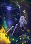  armor avatar_(wow) campfire colored_skin elf forest full_moon long_pointy_ears moon nature night night_elf_(warcraft) night_sky pointy_ears purple_skin sienna_artwork sky warcraft white_hair world_of_warcraft 