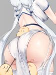  1girl ass ass_focus azur_lane back breasts commentary_request from_behind grey_background head_out_of_frame illustrious_(azur_lane) irohara large_breasts long_hair manjuu_(azur_lane) pelvic_curtain short_sleeves simple_background thighhighs very_long_hair white_garter_straps white_hair white_thighhighs 