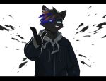  abstract_background anthro black_bars black_body black_fur black_hair blue_clothing blue_eyes blue_hair blue_jacket blue_topwear brown_hair cheek_tuft clothed clothing corzh77 dark_jacket domestic_cat eyebrow_piercing facial_piercing facial_tuft felid feline felis front_view fur hair half-length_portrait hi_res jacket letterbox male mammal narrowed_eyes neck_tuft piercing pink_nose portrait solo standing topwear tuft unsigned 