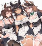  3girls :o :p ;d alternate_costume apron bangs bare_shoulders black_dress black_hair black_pantyhose blue_choker blue_eyes blush bow bowtie breasts brown_hair choker cleavage dark-skinned_female dark_skin detached_collar dress enmaided green_bow green_bowtie hair_between_eyes hand_on_hip highres horse_girl horse_tail large_breasts long_sleeves looking_at_viewer maid maid_headdress multicolored_hair multiple_girls name_connection narusawa_(njzc2582) necktie one_eye_closed pantyhose parted_lips purple_eyes red_eyes red_necktie red_ribbon ribbon short_sleeves signature simple_background sirius_symboli_(umamusume) sleeveless sleeveless_dress smile symboli_kris_s_(umamusume) symboli_rudolf_(umamusume) tail thigh_strap thighhighs tongue tongue_out umamusume v-shaped_eyebrows waist_apron white_apron white_background white_hair white_thighhighs zettai_ryouiki 