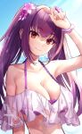  1girl arm_up bikini bracelet breasts cleavage day fate/grand_order fate_(series) frilled_bikini frills jewelry large_breasts looking_at_viewer nail_polish off-shoulder_bikini off_shoulder omochimochi outdoors purple_bikini purple_hair red_eyes scathach_(fate) scathach_skadi_(fate) scathach_skadi_(swimsuit_ruler)_(fate) scathach_skadi_(swimsuit_ruler)_(first_ascension)_(fate) smile solo swimsuit twintails upper_body 