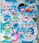  &gt;_&lt; 1boy 6+girls animal_ears antennae aqua_hair black_headwear blue_bow blue_eyes blue_hair blue_headwear blush bow cirno closed_eyes closed_mouth earclip eternity_larva fairy flat_cap food-themed_hat_ornament fruit_hat_ornament green_headwear grey_hair hair_between_eyes hair_bobbles hair_bow hair_ornament hair_rings hair_stick haniyasushin_keiki hat hat_ornament head_fins head_scarf heterochromia highres himemushi_momoyo hinanawi_tenshi hood kaku_seiga kamishirasawa_keine karakasa_obake kawashiro_nitori kibou_(73433) kumoi_ichirin leaf leaf_on_head long_hair mob_cap multiple_girls open_mouth orange_eyes peach_hat_ornament pink_headwear rabbit_ears red_eyes reisen_(touhou_bougetsushou) remilia_scarlet seiran_(touhou) shikishi short_hair short_twintails smile tatara_kogasa tokin_hat tongue tongue_out touhou traditional_media twintails umbrella unzan wakasagihime yorigami_shion 