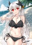 1girl bangs bare_shoulders bikini black_bikini blush breasts cleavage collarbone dragon_girl dragon_horns fate/grand_order fate_(series) hand_in_own_hair highres horns kiyohime_(fate) large_breasts long_hair long_sleeves looking_at_viewer morizono_shiki navel off_shoulder outdoors parted_lips red_eyes smile solo swimsuit water white_hair 