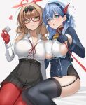  2girls absurdres ako_(blue_archive) bangs bell black_skirt black_thighhighs blue_archive blue_eyes blue_hair blue_jacket blush breasts chinatsu_(blue_archive) collar collared_shirt dress_shirt garter_straps glasses gloves hair_between_eyes hair_ribbon hairband half_gloves halo highres jacket large_breasts leash light_brown_hair long_hair long_sleeves looking_at_viewer low_twintails multiple_girls neck_bell neck_ribbon pantyhose pleated_skirt pointy_ears red_pantyhose ribbon shirt sideboob skirt thighhighs thighs twintails white_shirt xubai yellow_eyes 
