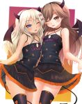  2girls absurdres arashio_(kancolle) black_dress black_thighhighs black_wings blonde_hair blue_eyes blush bow brown_eyes brown_hair closed_mouth clothes_writing demon_horns demon_tail demon_wings dress fake_horns grecale_(kancolle) hair_bow heart heart_print highres horns kantai_collection long_hair makura_(y_makura) multiple_girls one_eye_closed open_mouth pink_bow single_thighhigh smile tail thighhighs wings 