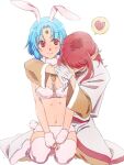  1boy 1girl animal_ears blue_hair blush boots breasts closed_mouth facial_mark father_and_daughter filia_(star_ocean) forehead_jewel forehead_mark full_body gabriel_(star_ocean) gloves heart midriff navel pointy_ears rabbit_ears rabbit_tail red_eyes red_hair rusinomob short_hair simple_background spoken_heart star_ocean star_ocean_the_second_story tail thighhighs white_background white_gloves 