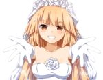  1girl blonde_hair breasts bridal_veil bride brooklyn_(kancolle) dress elbow_gloves flower fukaiton gloves kantai_collection large_breasts long_hair looking_at_viewer official_alternate_costume red_eyes rose smile solo strapless strapless_dress veil wedding_dress white_dress white_flower white_gloves white_rose 
