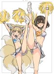  2girls animal_ears arknights back blue_hairband blue_skirt blue_sports_bra blush braid brown_hair cheerleader cosplay criss-cross_halter detached_sleeves fox_ears fox_girl fox_tail green_eyes hairband halterneck hibiki_(blue_archive) hibiki_(blue_archive)_(cosplay) hibiki_(cheerleader)_(blue_archive) highres kotori_(blue_archive) kotori_(blue_archive)_(cosplay) kotori_(cheerleader)_(blue_archive) leg_up long_hair looking_at_viewer magallan_(arknights) midriff multicolored_hair multiple_girls navel orange_sports_bra panties pantyshot pom_pom_(cheerleading) short_hair sigm@ sketch skirt split sports_bra standing standing_on_one_leg standing_split streaked_hair suzuran_(arknights) tail underwear white_footwear white_panties white_skirt white_sports_bra yellow_eyes 