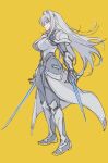  1girl armor bangs blue_eyes breasts cleavage cleavage_cutout closed_mouth clothing_cutout ethel_(xenoblade) full_body grey_hair highres large_breasts long_hair shoulder_armor simple_background solo sword ug333333 very_long_hair weapon xenoblade_chronicles_(series) xenoblade_chronicles_3 