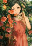  1girl black_hair commentary_request dress flower grey_hair grin highres kotatiyu medium_hair orange_flower original red_dress red_flower sleeveless sleeveless_dress smile solo sundress 