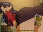  1980s_(style) 1girl ass beer_can black_skirt bluethebone breasts brown_eyes can commentary cropped_jacket earrings english_commentary holding holding_can indoors jacket jewelry katsuragi_misato large_breasts leaning_forward long_hair miniskirt neon_genesis_evangelion open_mouth paid_reward_available panties pantyshot purple_hair red_jacket refrigerator retro_artstyle short_sleeves skirt solo subtitled underwear white_panties 