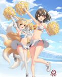  2girls :d absurdres animal_ears arknights arms_up blue_hairband blue_sky blue_sports_bra braid breasts brown_hair cheerleader cleavage cosplay detached_collar elbow_gloves fox_ears fox_girl fox_tail gloves hairband hibiki_(blue_archive) hibiki_(blue_archive)_(cosplay) hibiki_(cheerleader)_(blue_archive) highres kitsune kotori_(blue_archive) kotori_(blue_archive)_(cosplay) kotori_(cheerleader)_(blue_archive) magallan_(arknights) medium_hair multicolored_hair multiple_girls multiple_tails open_mouth orange_sports_bra outdoors panties shoes sigm@ skirt sky small_breasts smile sports_bra streaked_hair suzuran_(arknights) tail thighhighs two-tone_bra underwear upskirt white_footwear white_gloves white_hair white_panties white_skirt white_sports_bra white_thighhighs 