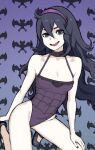  1girl @_@ adapted_costume ahoge bangs bare_arms black_footwear black_hair commentary curly_hair hair_between_eyes hairband hex_maniac_(pokemon) kneeling leotard long_hair looking_at_viewer nail_polish open_mouth pokemon pokemon_(game) pokemon_xy purple_background purple_hairband purple_leotard purple_nails shoes smile solo wabaki 
