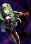  1girl absurdres bangs black_bodysuit bodysuit breasts budgiepon c.c. cleavage code_geass cosplay covered_navel fate/grand_order fate_(series) floating_hair green_hair highres ishtar_(fate) ishtar_(fate)_(cosplay) long_hair medium_breasts open_mouth shiny shiny_hair sky solo space_ishtar_(fate) space_ishtar_(fate)_(cosplay) star_(sky) starry_sky very_long_hair yellow_eyes 