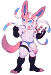  abs absurd_res anthro areola balls big_penis biped blush blush_lines bodily_fluids clothed clothing cydonia_xia eeveelution foreskin fur generation_6_pokemon genital_fluids genitals half-erect half_naked hi_res humanoid_genitalia humanoid_penis male nintendo nipples penis pink_body pink_fur pink_tail pokemon pokemon_(species) poking_out precum simple_background solo standing sylveon video_games white_body white_fur 