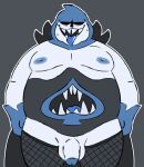  anthro balls belly big_belly blue_nipples bodily_fluids bottomwear clothed clothing darkner deltarune flaccid genitals hi_res hood humanoid king_spade male male/male mature_anthro mature_male monster moobs nipples overweight overweight_male partially_clothed penis slightly_chubby smut_leo solo sweat undertale_(series) video_games white_body 