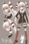  1girl amatsukaze_(kancolle) black_panties brown_dress brown_eyes character_name dress gloves grey_background grey_hair grey_neckerchief hair_tubes hat kantai_collection kujira_naoto lifebuoy_ornament long_hair mini_hat multiple_views neckerchief panties red_thighhighs rensouhou-kun rudder_footwear sailor_collar sailor_dress see-through see-through_dress short_dress simple_background single_glove smoke_heart standing striped striped_thighhighs thighhighs two_side_up underwear white_gloves white_sailor_collar 
