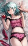  1girl apple aqua_eyes aqua_hair bangs bare_shoulders bed_sheet blush breasts cleavage collarbone commentary cowboy_shot crop_top food frilled_panties frills fruit green_nails hatsune_miku high_heels highres holding holding_food holding_fruit long_hair looking_at_viewer lying midriff navel o_cha_(seyc3447) off_shoulder on_back on_bed open_mouth panties parted_lips pink_footwear pink_panties pink_shirt polka_dot polka_dot_panties pov red_apple romeo_to_cinderella_(vocaloid) shirt shoes shoes_removed sidelocks solo stomach thighs underwear vocaloid 