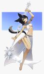  1girl animal_ears arm_up armlet artist_name bare_shoulders barefoot black_hair blue_background bracelet breasts cat_ears cat_girl cat_tail commentary commission english_commentary feet full_body green_eyes grin highres holding holding_scythe jewelry looking_at_viewer medium_breasts navel original scythe shiny shiny_skin short_hair simple_background smile solo stomach tail toned tostantan two-tone_background white_background 