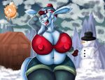  anthro ashley_(sandslash) beanie clothed clothing eeveelution female fully_clothed generation_4_pokemon glaceon hat headgear headwear mountain navel nintendo nipple_outline pokemon pokemon_(species) seedserch slightly_chubby slightly_chubby_female snow snowman solo thick_thighs tongue tongue_out video_games 