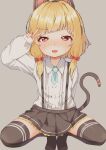  1girl :3 animal_ear_headphones animal_ears arm_behind_back arm_up black_skirt black_thighhighs blonde_hair blue_archive blush cat_ear_headphones cat_ears cat_tail fake_animal_ears fake_tail grey_background headphones highres legs looking_at_viewer miniskirt momoi_(blue_archive) no_shoes open_mouth red_eyes ribbon shijimizil shirt short_hair simple_background skirt smile solo spread_legs squatting suspender_skirt suspenders tail thighhighs thighs v white_shirt 