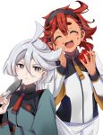  2girls :&lt; ^_^ ahoge black_hairband blush cheek_bulge closed_eyes eating eretto food food_bite food_on_face foodgasm green_jacket grey_eyes grey_hair gundam gundam_suisei_no_majo hairband hand_on_own_cheek hand_on_own_face hands_up happy highres holding holding_food holding_vegetable jacket long_hair long_sleeves miorine_rembran multiple_girls necktie red_hair red_necktie school_uniform shorts simple_background sparkle suletta_mercury thick_eyebrows tomato trowel upper_body vegetable white_background white_jacket white_shorts yellow_necktie 