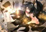  1girl animal_ears arknights bangs bare_shoulders black_dress black_eyes black_hair black_thighhighs cat_ears commentary_request dress grin hair_ornament highres long_sleeves looking_at_viewer mandragora_(arknights) myria_(7855) off-shoulder_dress off_shoulder originium_arts_(arknights) short_hair smile solo thighhighs 