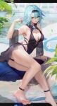  1girl :p absurdres anklet arm_support bare_shoulders black_dress black_hairband blue_hair blurry blurry_background breasts cleavage dress eula_(genshin_impact) genshin_impact hair_between_eyes hairband highres jewelry legs looking_at_viewer medium_breasts outdoors panipo pool sitting smile solo thighs toes tongue tongue_out water yellow_eyes 