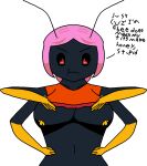  4arms angry anthro arthropod bee big_breasts breasts female hacksandslash hair hymenopteran insect pink_hair revealing_breasts shaded simple_background simple_shading solo text 
