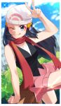  1girl :q arm_support arm_up beanie black_hair black_shirt border closed_mouth commentary_request dawn_(pokemon) eyelashes grey_eyes hair_ornament hairclip hat highres leg_up long_hair looking_at_viewer mocacoffee_1001 one_eye_closed pink_skirt poke_ball_print pokemon pokemon_(game) pokemon_dppt red_scarf scarf shirt signature skirt sleeveless sleeveless_shirt smile solo sparkle tongue tongue_out w white_border white_headwear 