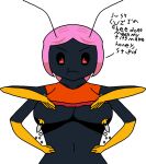  4arms angry anthro arthropod bee big_breasts bodily_fluids breasts female hacksandslash hair hymenopteran insect lactating pink_hair revealing_breasts shaded simple_background simple_shading solo text 