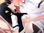  1boy 1girl black_bra black_hair black_vest bra bra_lift breast_grab breasts brown_hair collared_shirt dress_shirt faceless faceless_male game_cg grabbing groin hetero imminent_kiss kawagishi_keitarou long_hair looking_at_another maji_de_watashi_ni_koi_shinasai! midriff mogami_aki navel nipples open_clothes open_mouth open_shirt open_vest shiny shiny_hair shirt short_hair small_breasts stomach straight_hair underwear vest white_shirt wing_collar 