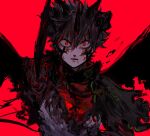  asta_(black_clover) black_capelet black_clover black_hair capelet demon_horns demon_wings highres holding holding_sword holding_weapon horns katana poonwip red_eyes sword torn_clothes weapon wings 
