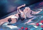  1girl breasts cleavage drag-on_dragoon drag-on_dragoon_3 dress feet_out_of_frame flower flower_over_eye hand_up highres long_hair lying mechanical_arms medium_breasts navel night night_sky on_back one_eye_covered parted_lips partially_submerged pelvic_curtain prosthesis prosthetic_arm red_eyes red_flower red_rose rose sky sleeveless sleeveless_dress solo thigh_strap white_dress white_flower yubuki_i zero_(drag-on_dragoon) 
