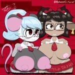  anthro big_breasts blue_hair blush bottomwear bovid bovine breasts brown_body brown_eyes brown_fur brown_hair cattle choker clothed clothing clothing_lift duo ear_piercing embarrassed eyewear female female/female fur glasses grey_body grey_fur hair huge_breasts jewelry mammal miniskirt murid murine necklace necktie nohmad piercing pigtails ponytail rat red_eyes ribbons rodent school_uniform skirt smile thong tight_clothing underwear uniform white_body white_fur winter_(nohmad) 