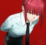  1girl arms_behind_back bangs black_necktie black_pants braid braided_ponytail breasts chainsaw_man collared_shirt formal highres isshiki_(ffmania7) leaning_forward long_hair looking_at_viewer makima_(chainsaw_man) necktie pants red_background red_hair ringed_eyes shirt skirt solo twitter_username white_shirt yellow_eyes 