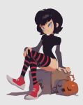  1girl alternate_legwear black_hair blue_eyes box bridal_gauntlets cardboard_box fang highres hotel_transylvania jack-o&#039;-lantern mavis_dracula no_panties optionaltypo pumpkin shoes short_hair sitting sneakers solo striped striped_thighhighs thighhighs vampire 