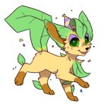  1:1 ambiguous_gender black_nose blep bloominglynx brown_body brown_fur butt_tuft cheek_tuft clothing eeveelution facial_tuft feral full-length_portrait fur generation_4_pokemon glistening glistening_eyes green_eyes happy hat headgear headwear hi_res leafeon leg_markings leg_tuft markings nintendo party_hat pokemon pokemon_(species) portrait side_view simple_background smile socks_(marking) solo tongue tongue_out tuft unsigned video_games white_background yellow_body yellow_fur 